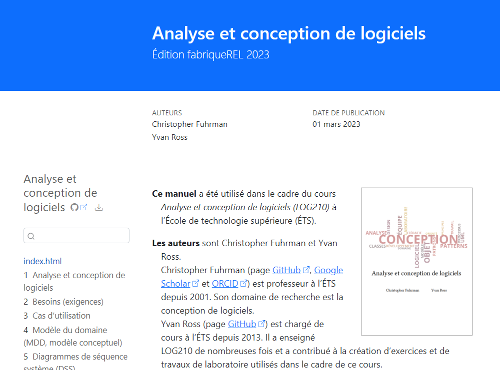 A blue-banner French software-design book page beside a word-cloud cover emphasizing CONCEPTION