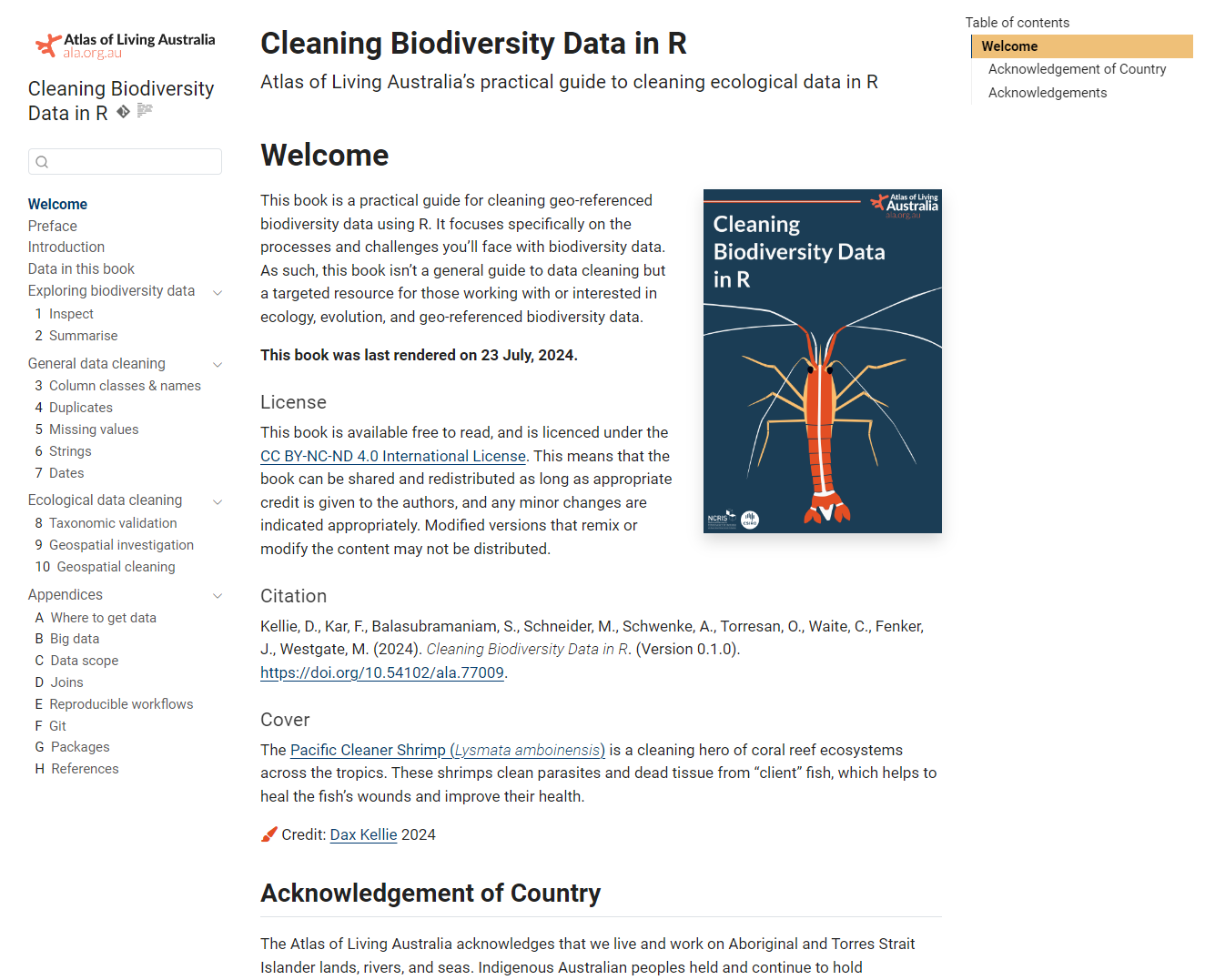 A welcome page beside a navy cover illustrating an orange cleaner shrimp