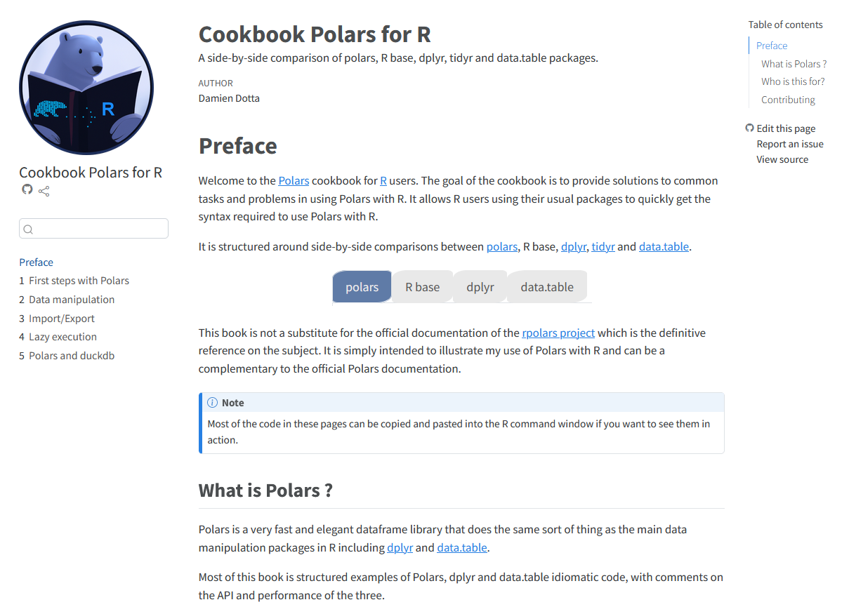 A cookbook preface with a circular logo of a blue bear reading, and a polars/dplyr comparison tabset