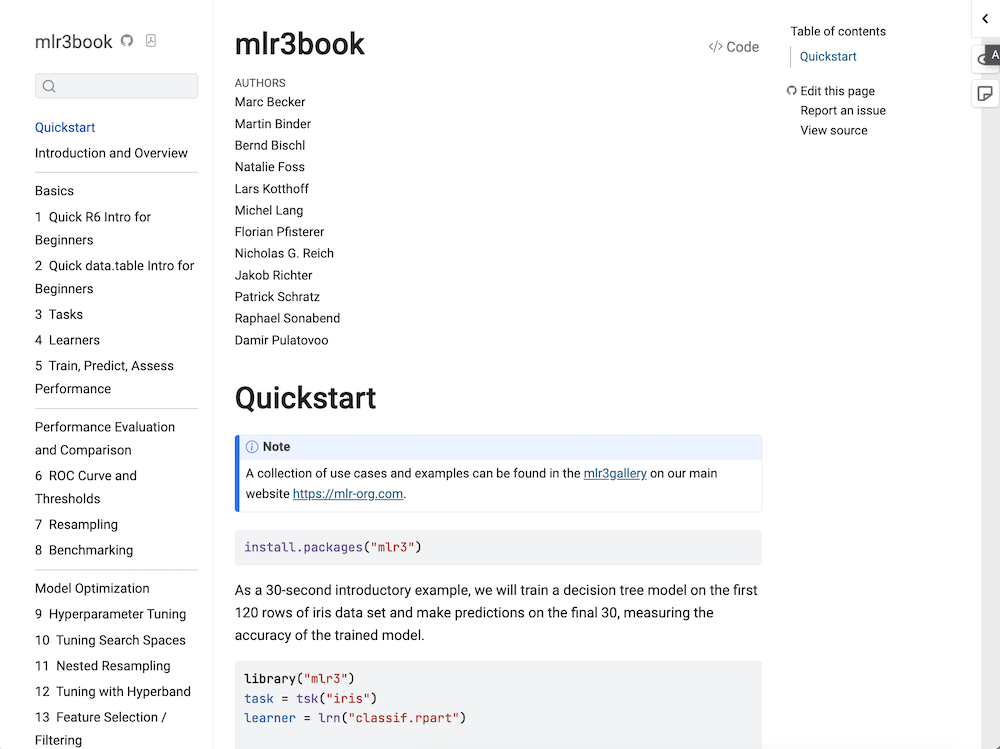 A machine-learning book quickstart page listing many authors above R code examples