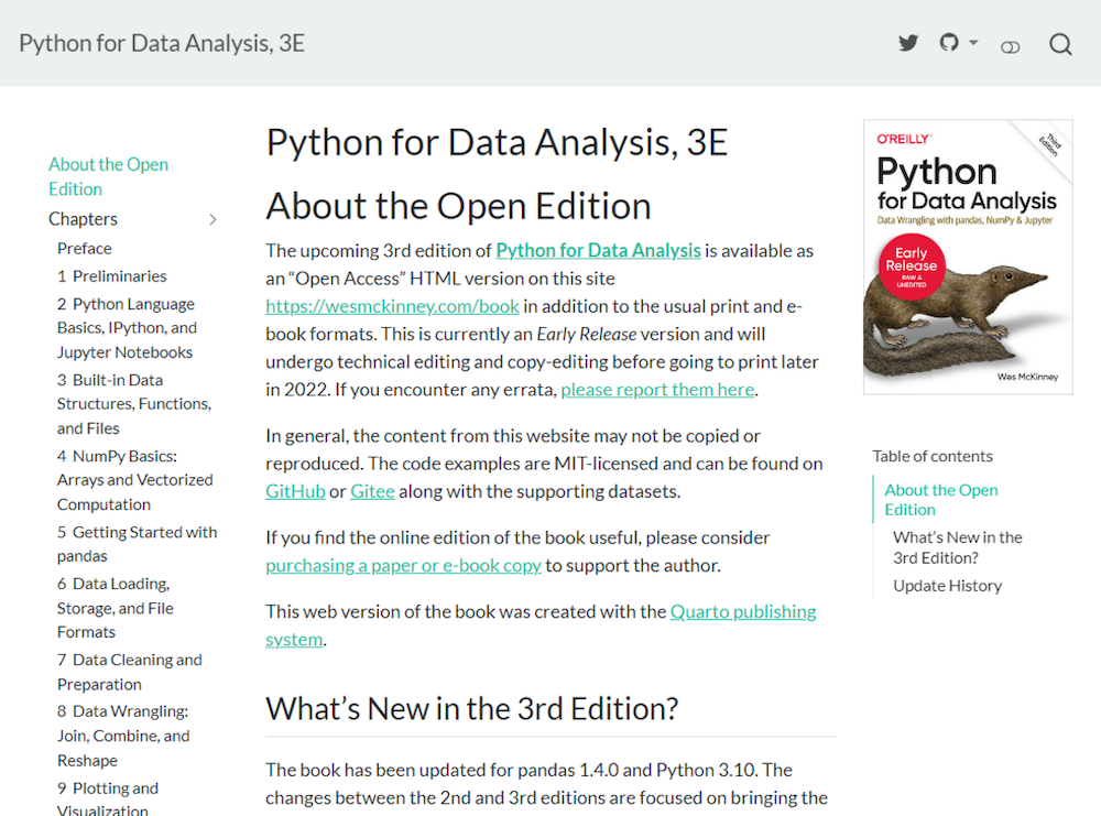 A book page showing the O'Reilly cover with a brown rodent for Python for Data Analysis