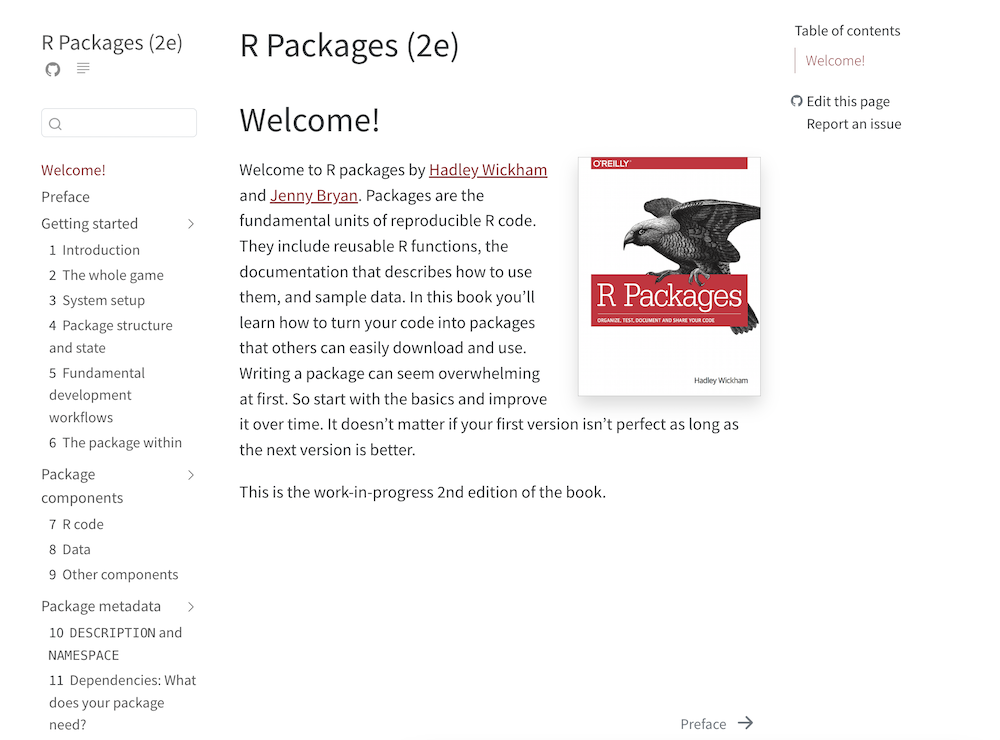 A welcome page next to the red O'Reilly R Packages cover showing a perched eagle