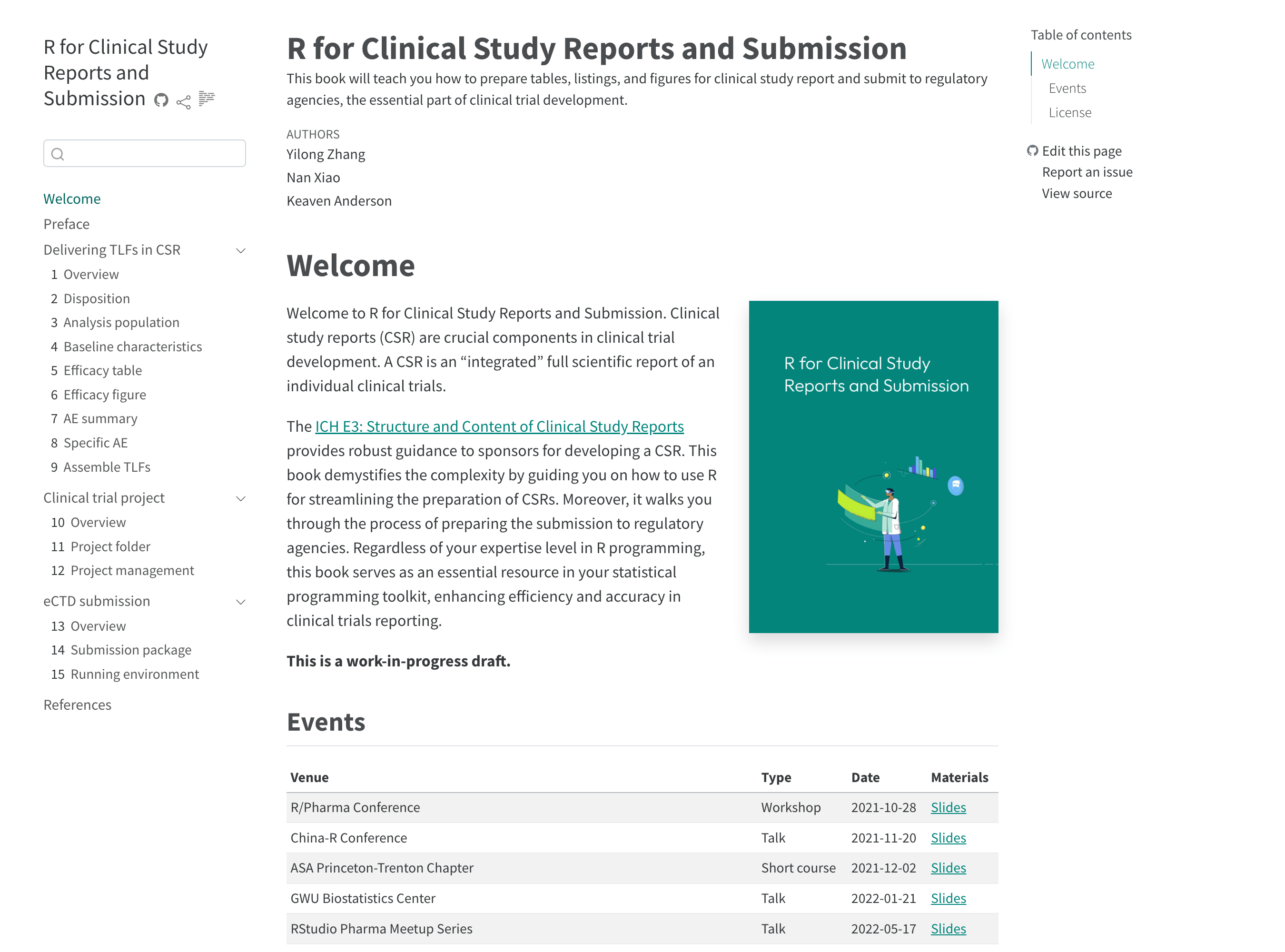 A welcome page beside a teal cover showing a scientist with data charts for clinical reporting