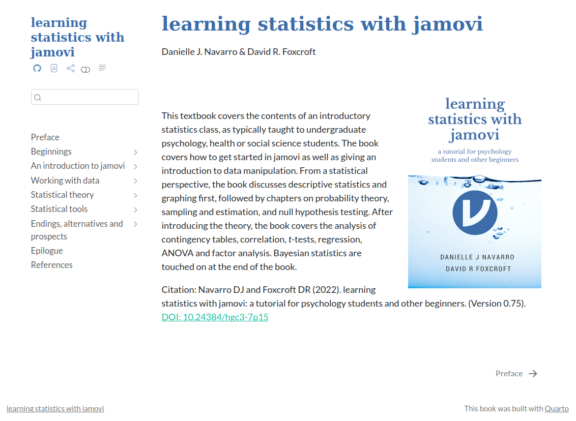 A statistics textbook page beside a light-blue cover with a jamovi 'v' logo underwater