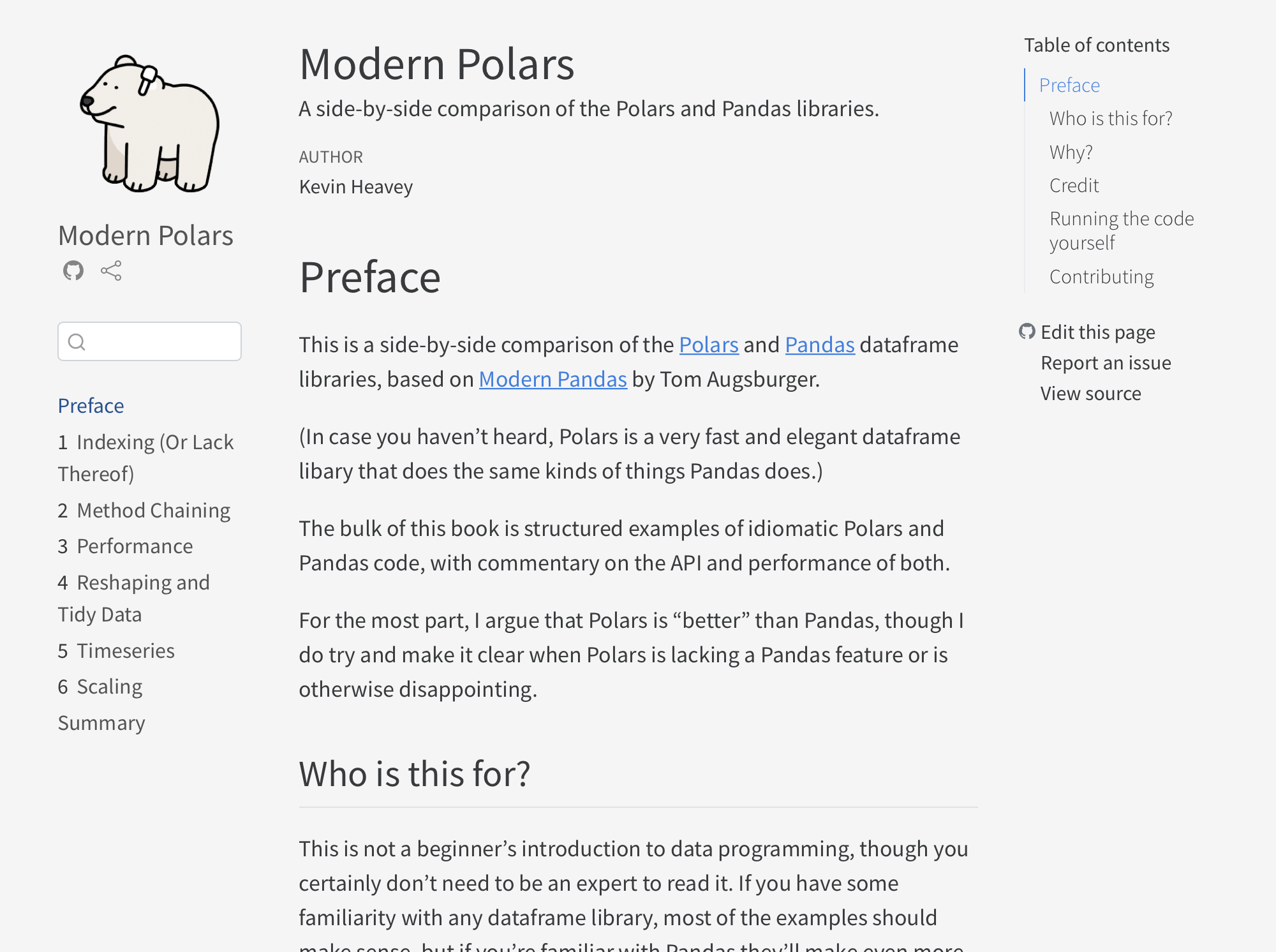 A book landing page with a cartoon polar bear logo and Polars-versus-Pandas preface text