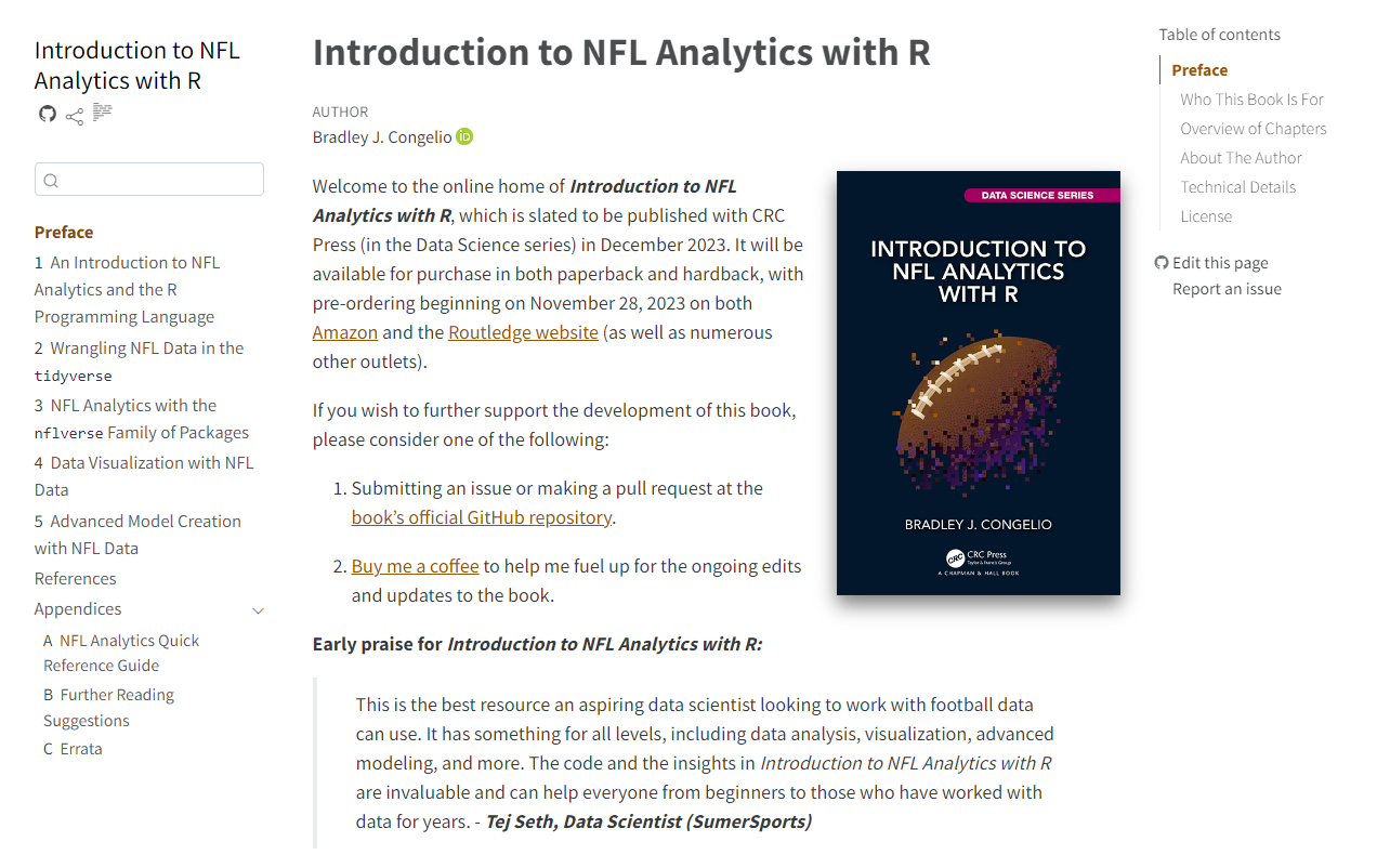 A preface page beside a dark CRC Press cover with a pixelated American football