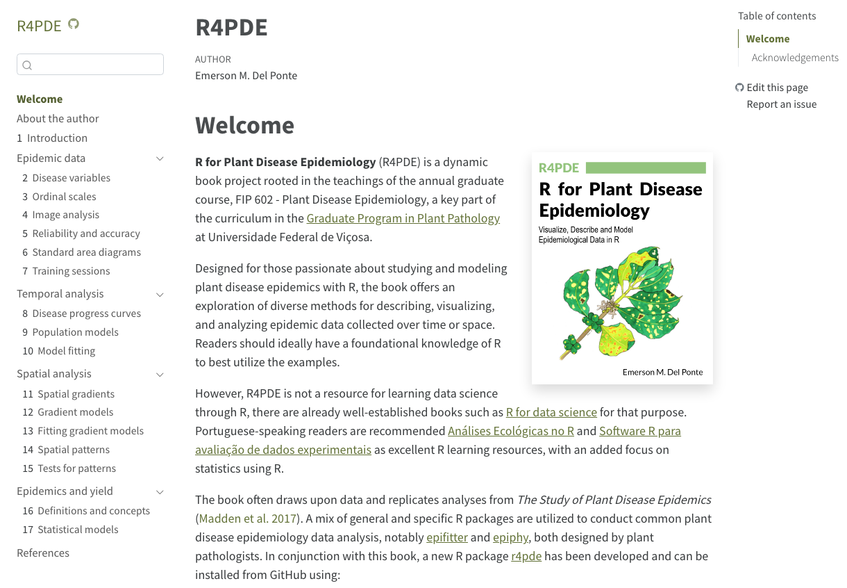 A welcome page beside a white cover illustrating a disease-spotted green plant leaf