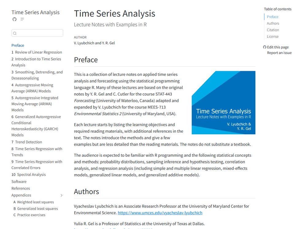A time series lecture-notes preface beside a blue geometric book cover