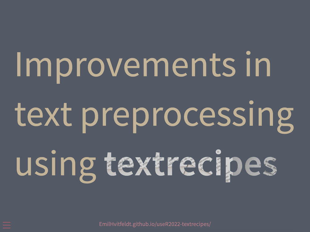 Tan title on slate grey reading improvements in text preprocessing using textrecipes, last word in newsprint texture