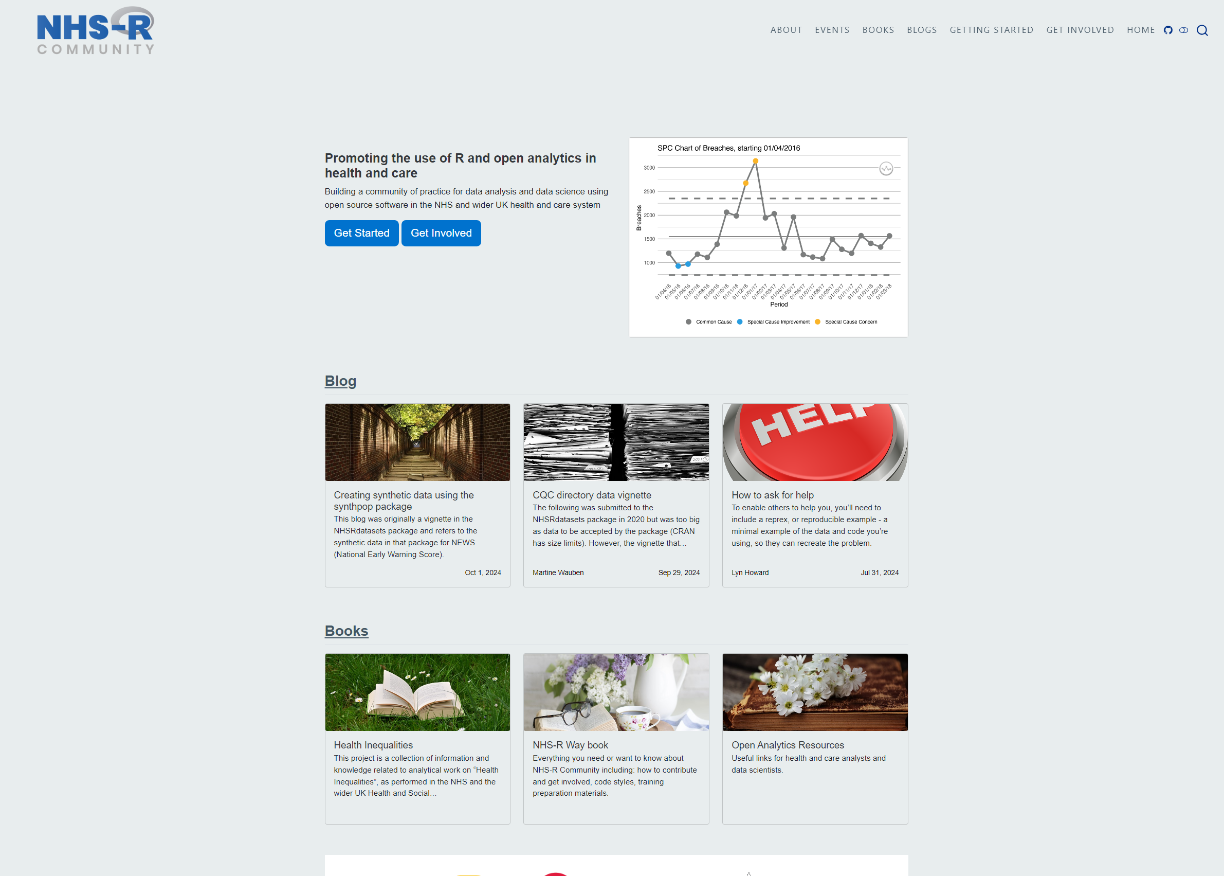 A homepage with an SPC control chart and card grids for blog and book links