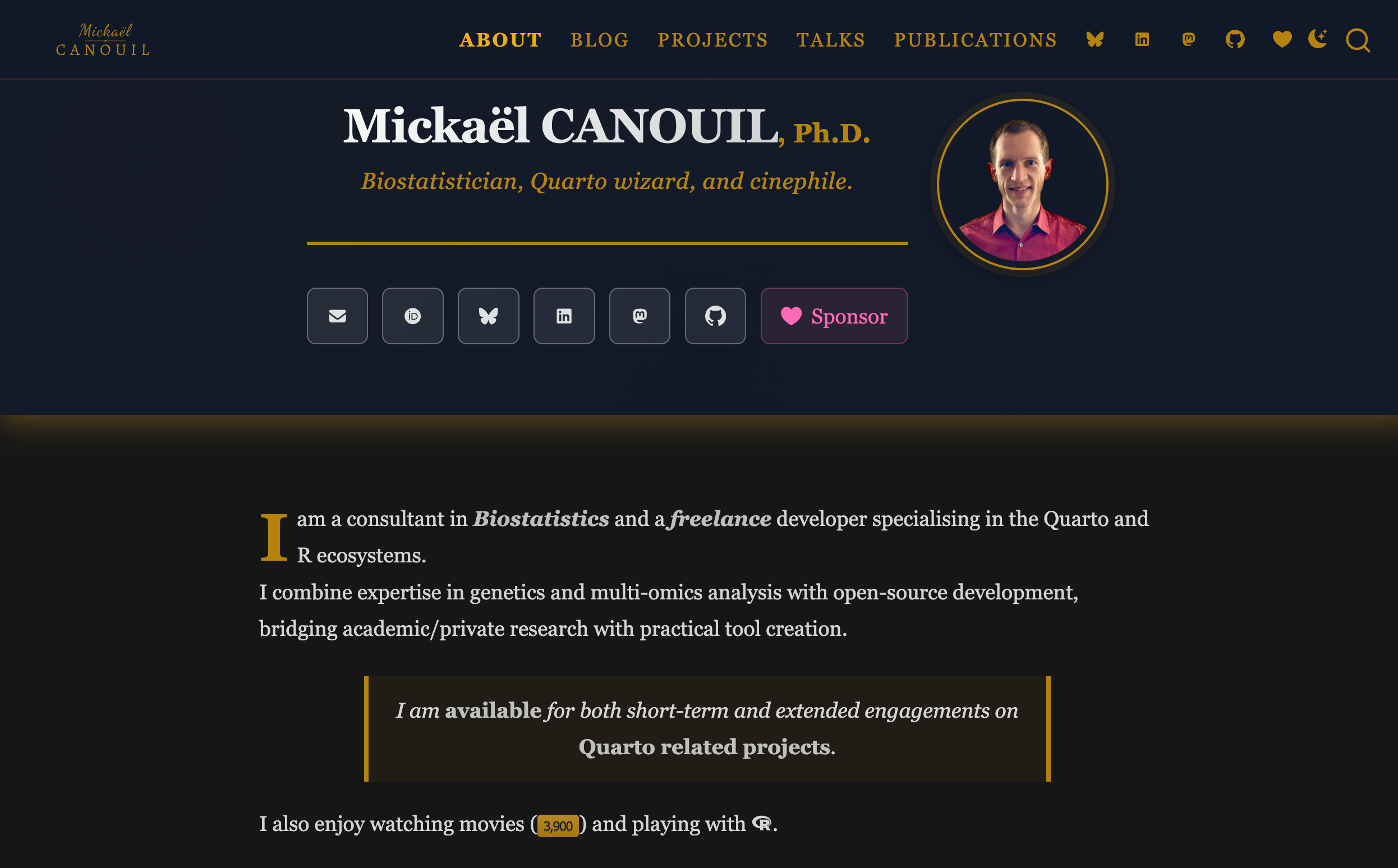 A dark navy about page with a gold-framed headshot and biostatistician bio