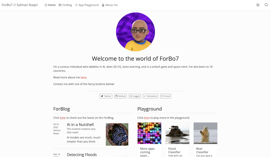 Minimal landing page with a purple cartoon avatar above blog and playground project columns