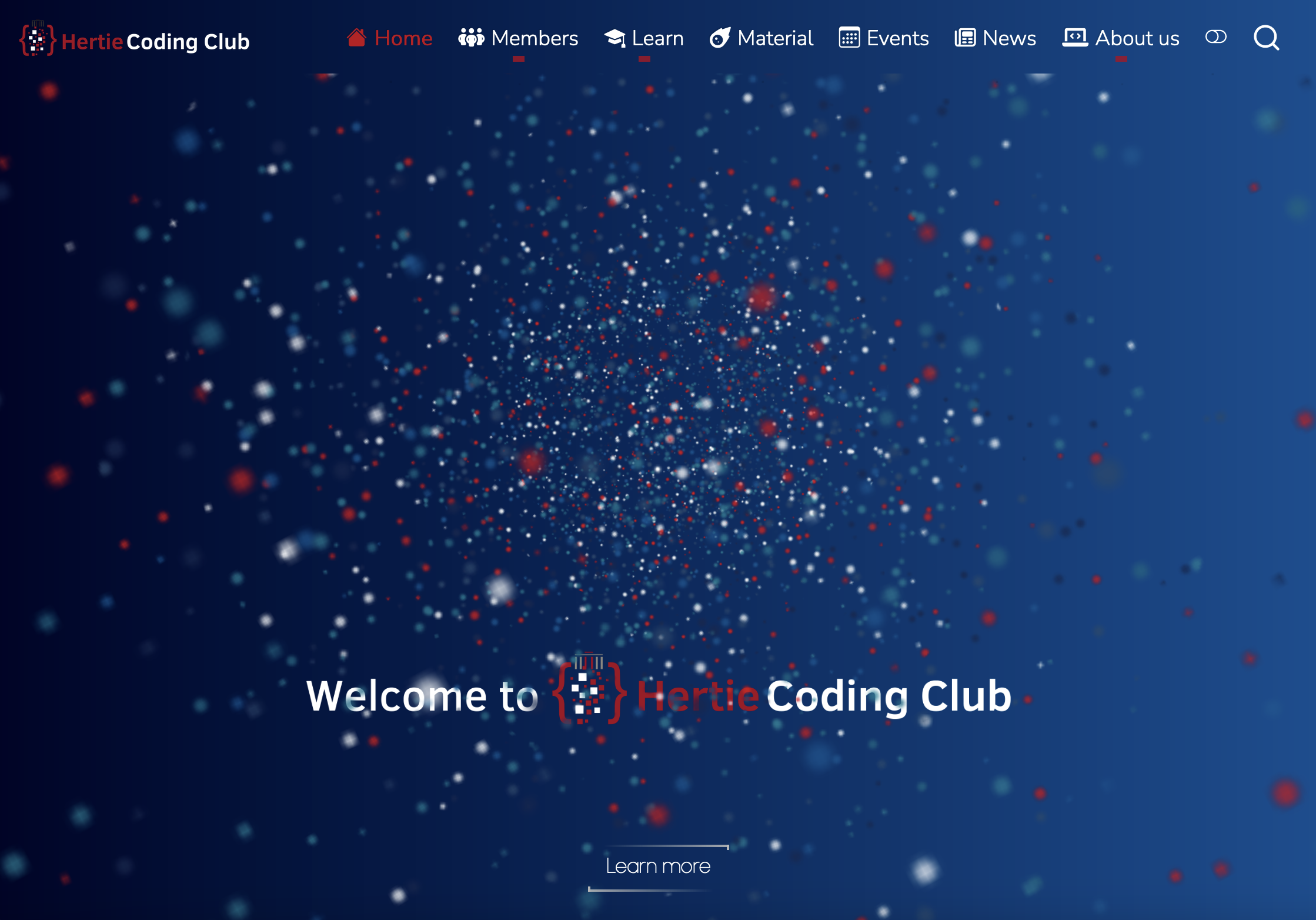 A full-bleed dark blue starfield hero welcoming visitors to Hertie Coding Club