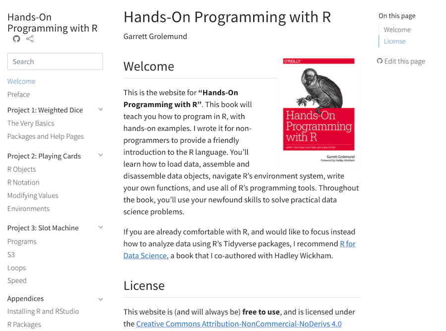 A website welcome page beside the red O'Reilly vulture cover of Hands-On Programming with R