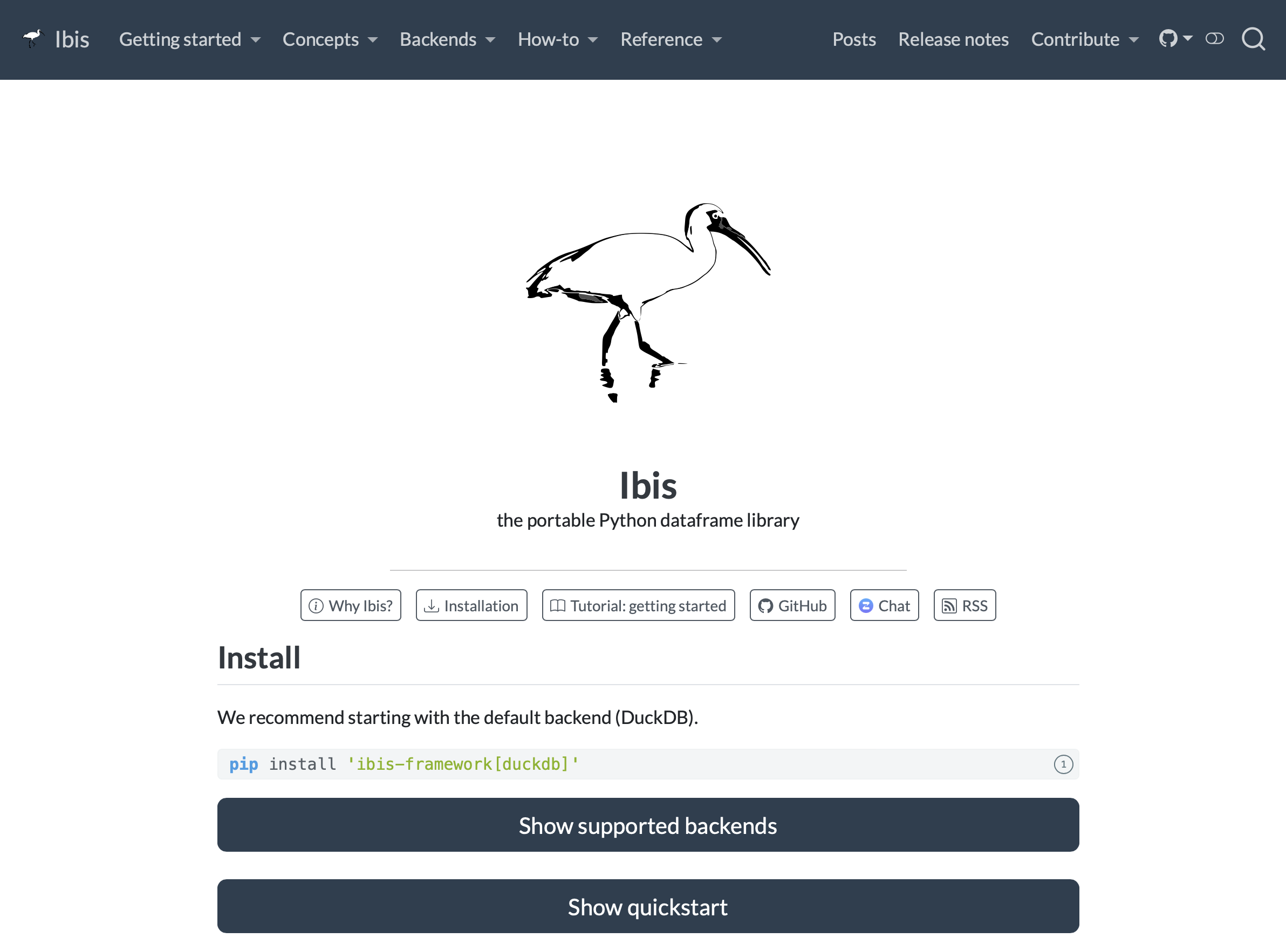 Centered hero with a black ink ibis bird sketch above install commands and dark buttons