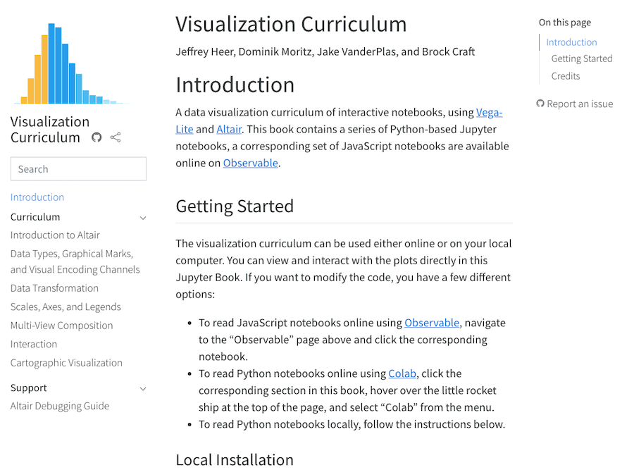 A curriculum site with a blue and orange histogram logo and interactive-notebook introduction text