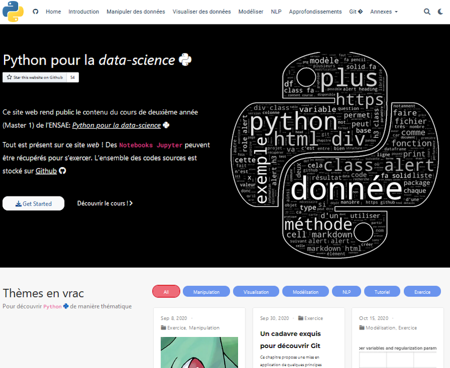 A dark French data-science course page with a Python-logo word cloud and post cards