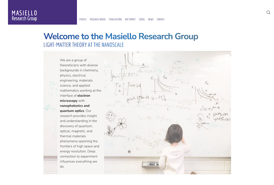 Research group page with a child drawing physics equations on a large whiteboard