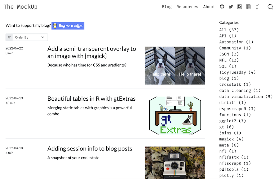 Blog listing posts with dog and camera thumbnails and a category list on the right