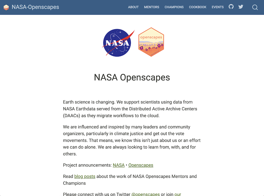 Centered NASA meatball and orange Openscapes hexagon logos above Earth science project text