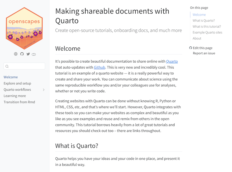 A tutorial site with an orange Openscapes hexagon logo beside a welcome section