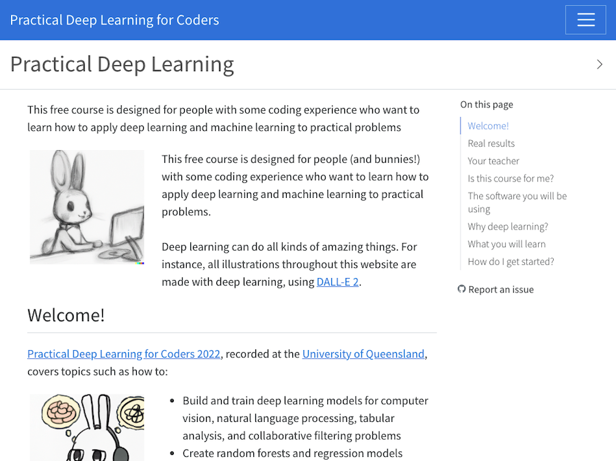 Course landing page with blue header and a pencil sketch of a bunny at a computer