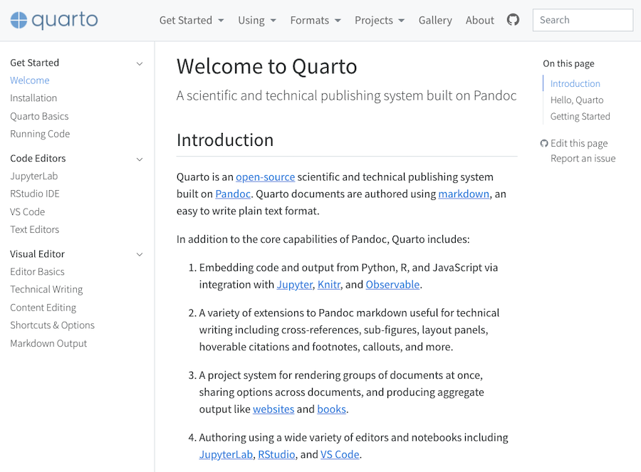 Documentation page with left sidebar navigation and a numbered introduction to the publishing system