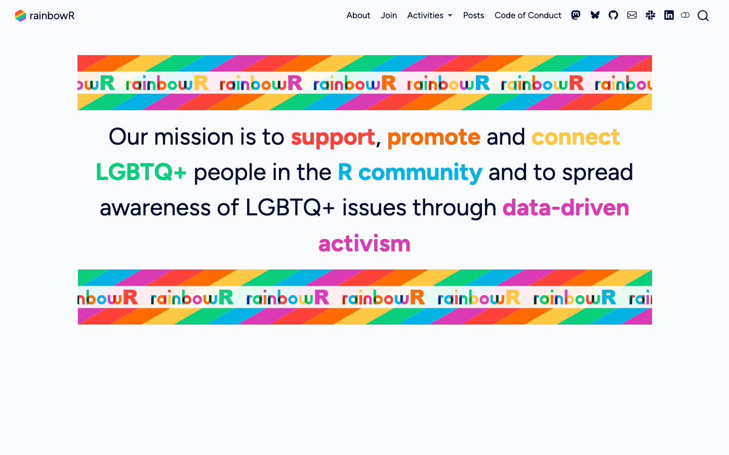 A mission statement in bold rainbow words between two diagonal rainbow banners