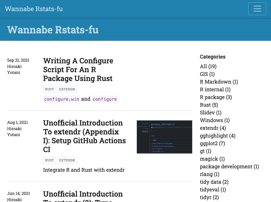 A teal-headed R blog listing posts on Rust and extendr beside a category sidebar